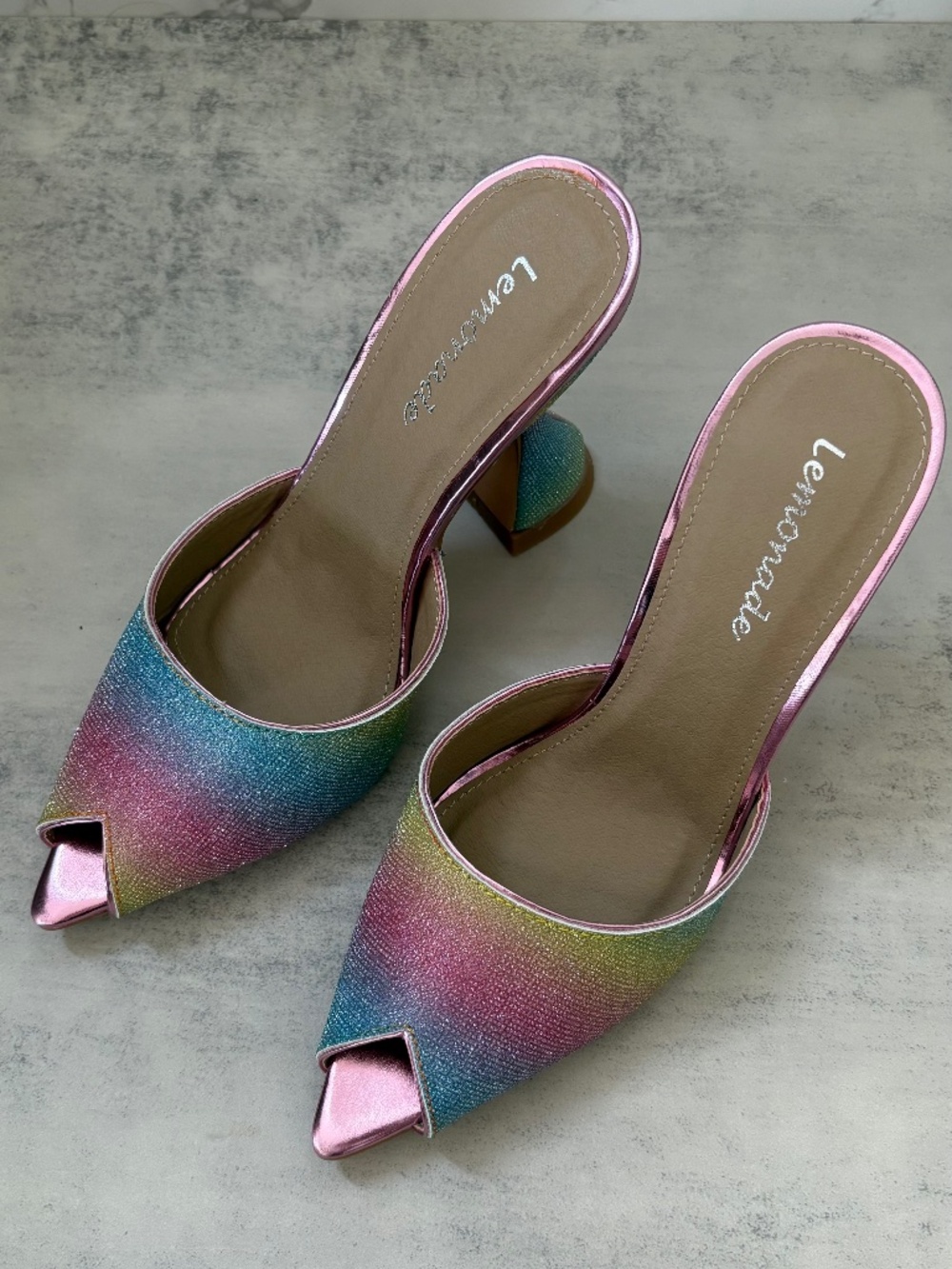Lemonade Rainbow Glitter Pointed Toe Mule Heels – Never Worn Size 6
